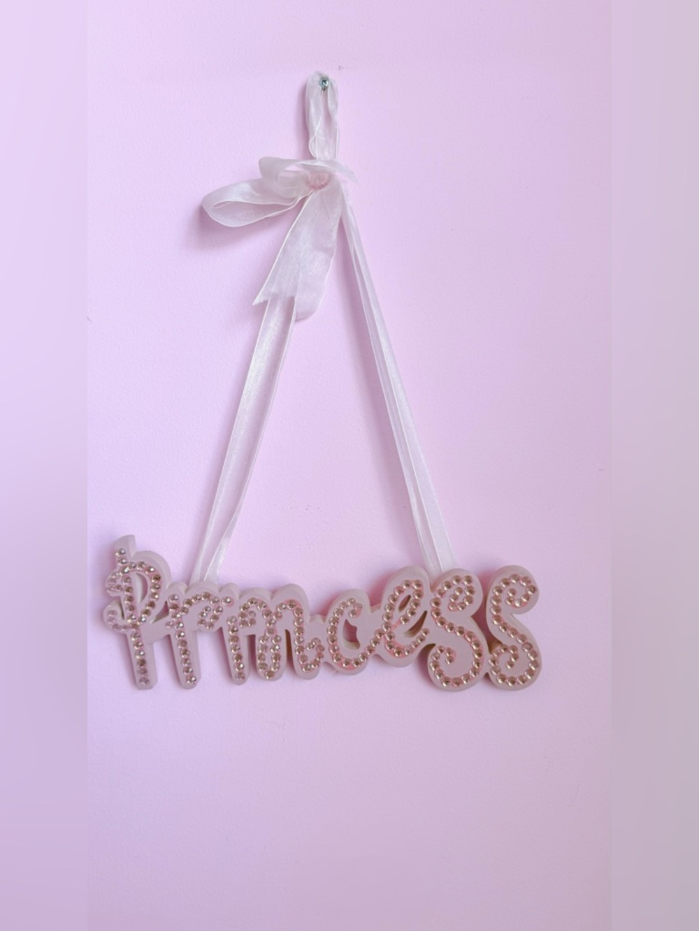 Princess Pink Rhinestones Wall Art Hanging Sign - Pink with Ribbon